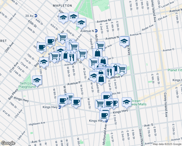 map of restaurants, bars, coffee shops, grocery stores, and more near 1515 West 1st Street in Brooklyn