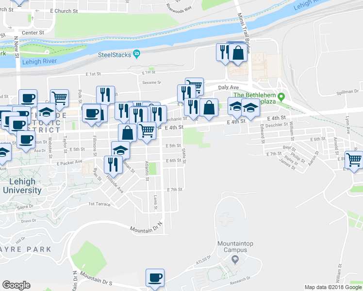 map of restaurants, bars, coffee shops, grocery stores, and more near 956 East 5th Street in Bethlehem