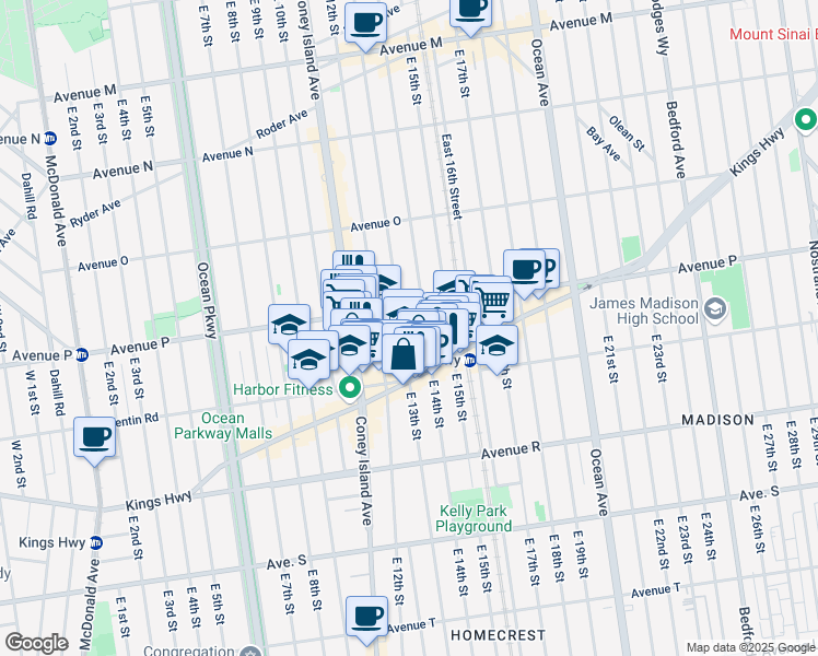 map of restaurants, bars, coffee shops, grocery stores, and more near 1625 East 13th Street in Brooklyn