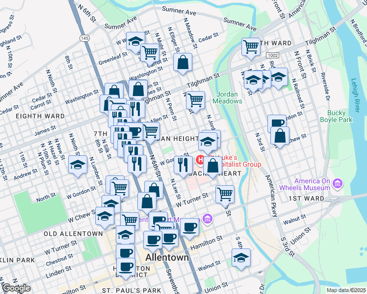 map of restaurants, bars, coffee shops, grocery stores, and more near 416 North Penn Street in Allentown