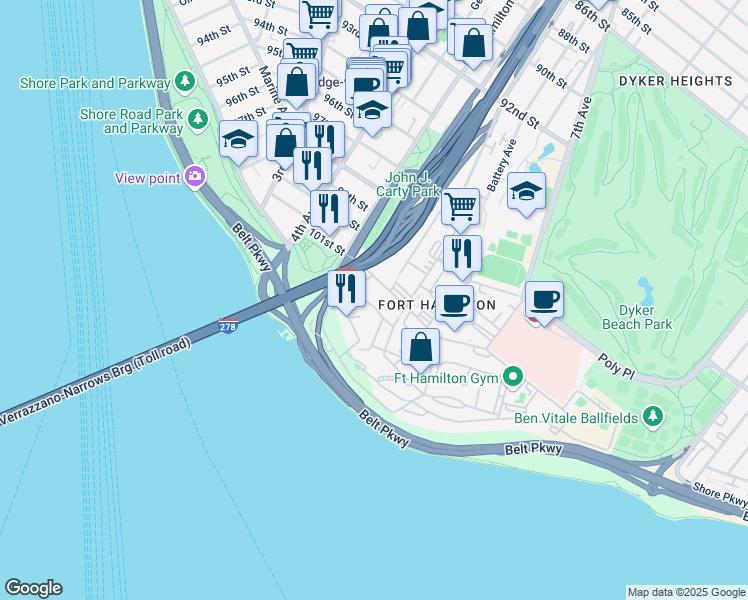 map of restaurants, bars, coffee shops, grocery stores, and more near 205 Pence Street in Brooklyn