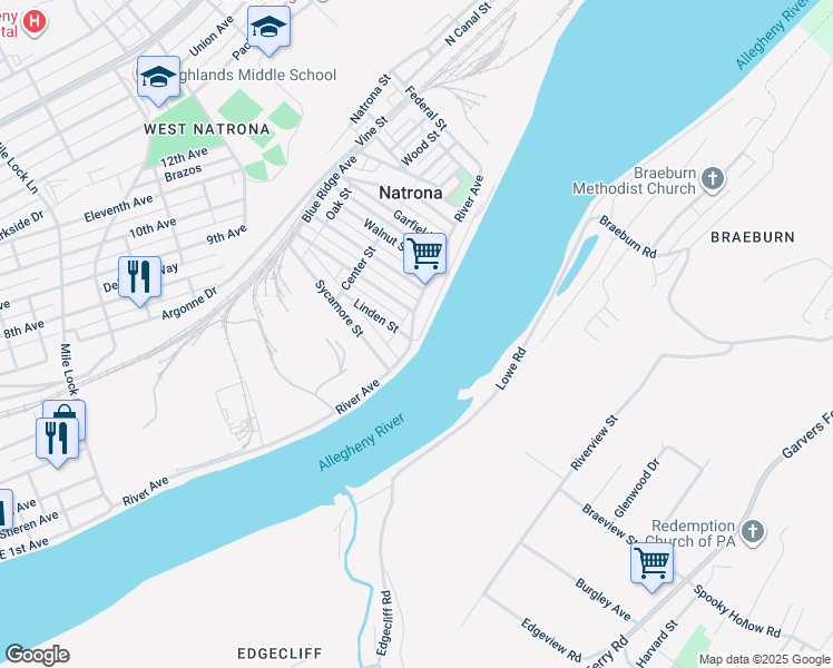 map of restaurants, bars, coffee shops, grocery stores, and more near 127 River Road in Natrona Heights
