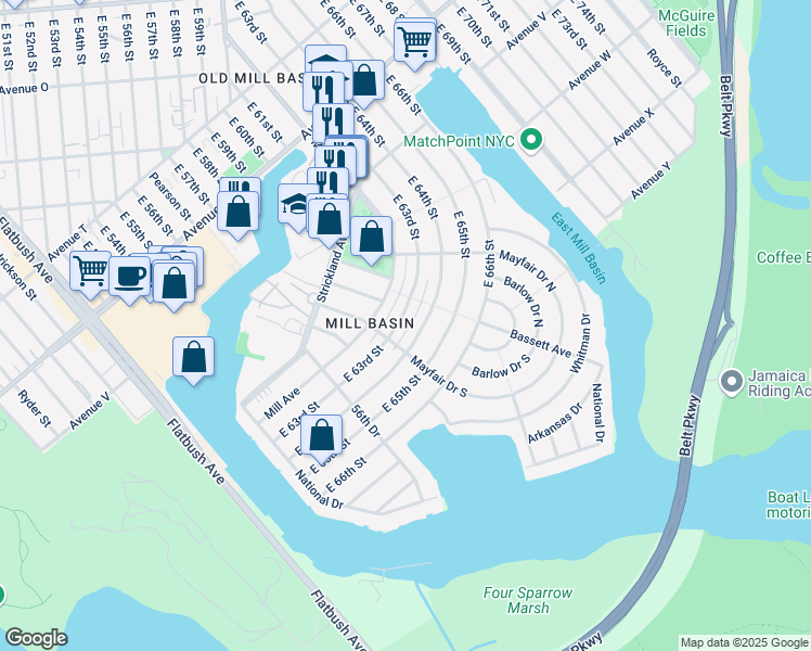 map of restaurants, bars, coffee shops, grocery stores, and more near 2528 East 64th Street in Brooklyn