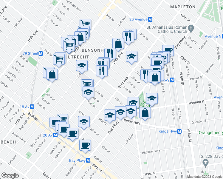 map of restaurants, bars, coffee shops, grocery stores, and more near 2065 76th Street in Brooklyn