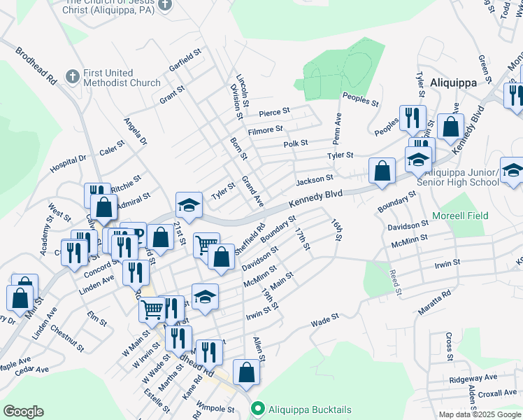 map of restaurants, bars, coffee shops, grocery stores, and more near 1801 Jackson Street in Aliquippa