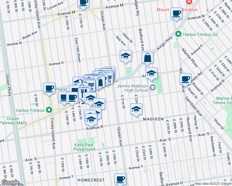 map of restaurants, bars, coffee shops, grocery stores, and more near 2145 Ocean Avenue in Brooklyn