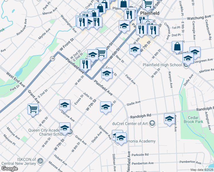 map of restaurants, bars, coffee shops, grocery stores, and more near 542 West 7th Street in Plainfield