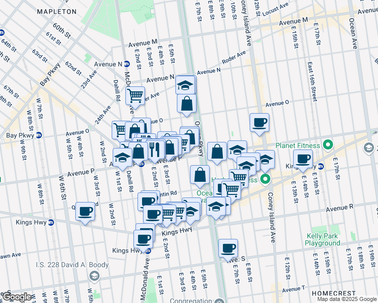 map of restaurants, bars, coffee shops, grocery stores, and more near 1685 East 5th Street in Brooklyn