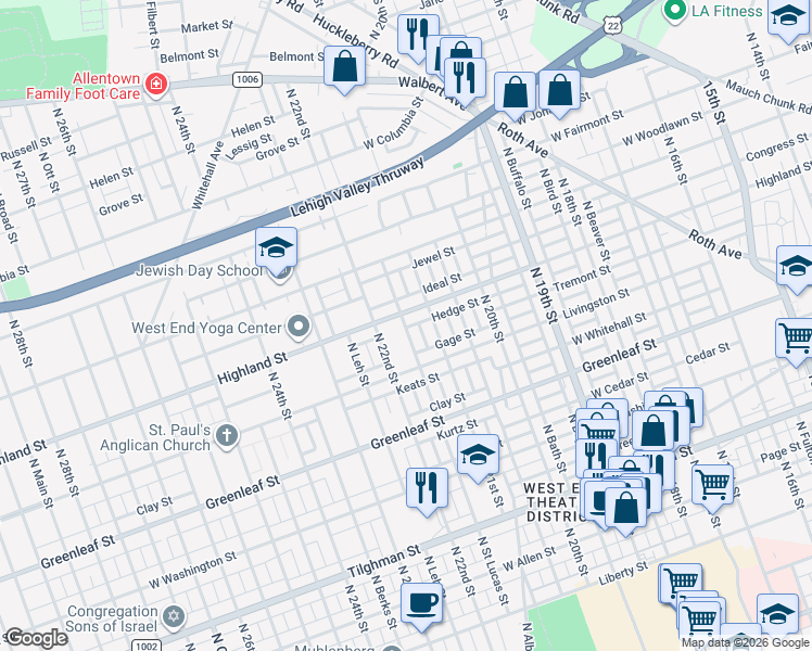 map of restaurants, bars, coffee shops, grocery stores, and more near 1035 North Saint Lucas Street in Allentown