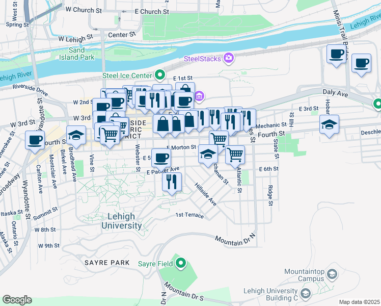 map of restaurants, bars, coffee shops, grocery stores, and more near 511 East 5th Street in Bethlehem