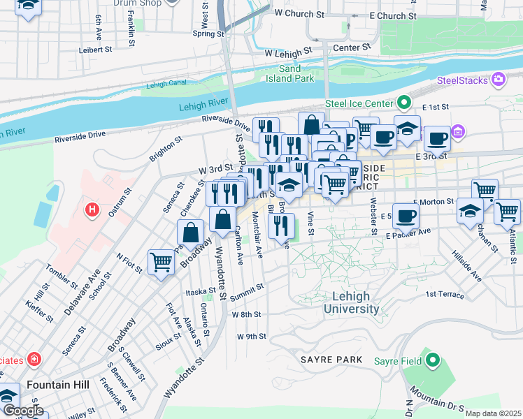 map of restaurants, bars, coffee shops, grocery stores, and more near 411 Montclair Avenue in Bethlehem
