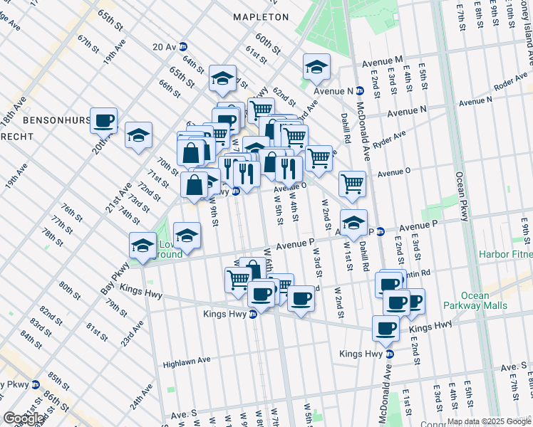 map of restaurants, bars, coffee shops, grocery stores, and more near 1541 West 6th Street in Brooklyn