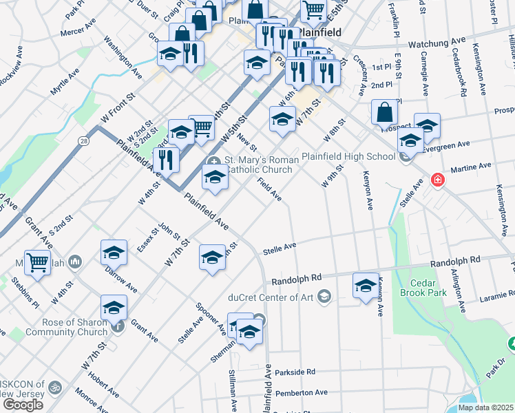 map of restaurants, bars, coffee shops, grocery stores, and more near 500 West 8th Street in Plainfield