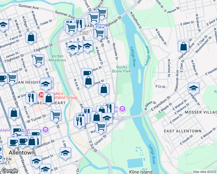 map of restaurants, bars, coffee shops, grocery stores, and more near 217 1/2 North Railroad Street in Allentown