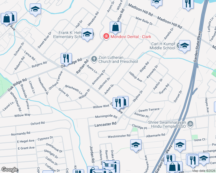 map of restaurants, bars, coffee shops, grocery stores, and more near 2B Acken Dr in Clark