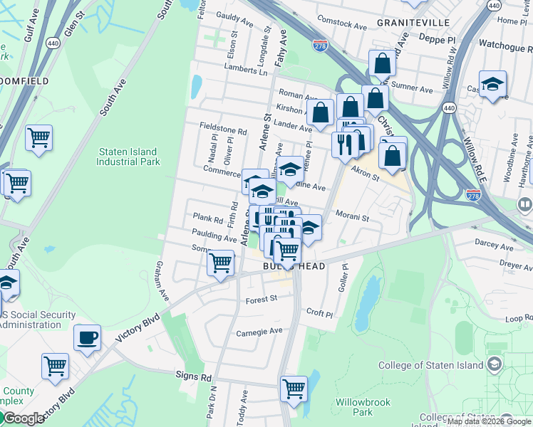 map of restaurants, bars, coffee shops, grocery stores, and more near 100 Merrill Avenue in Staten Island