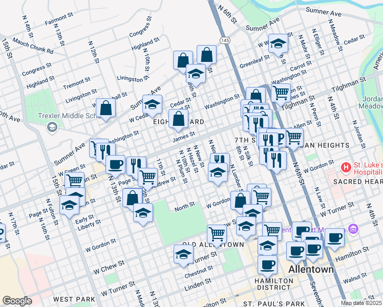 map of restaurants, bars, coffee shops, grocery stores, and more near 627 North Hazel Street in Allentown