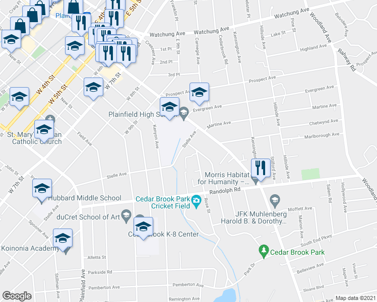 map of restaurants, bars, coffee shops, grocery stores, and more near 1012 Arlington Avenue in Plainfield