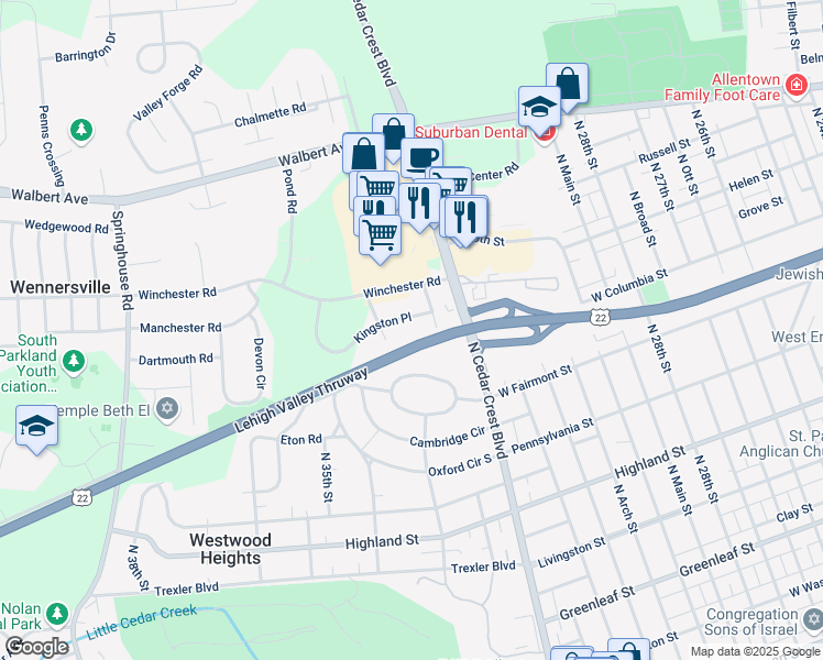 map of restaurants, bars, coffee shops, grocery stores, and more near 3322 Kingston Place in Allentown