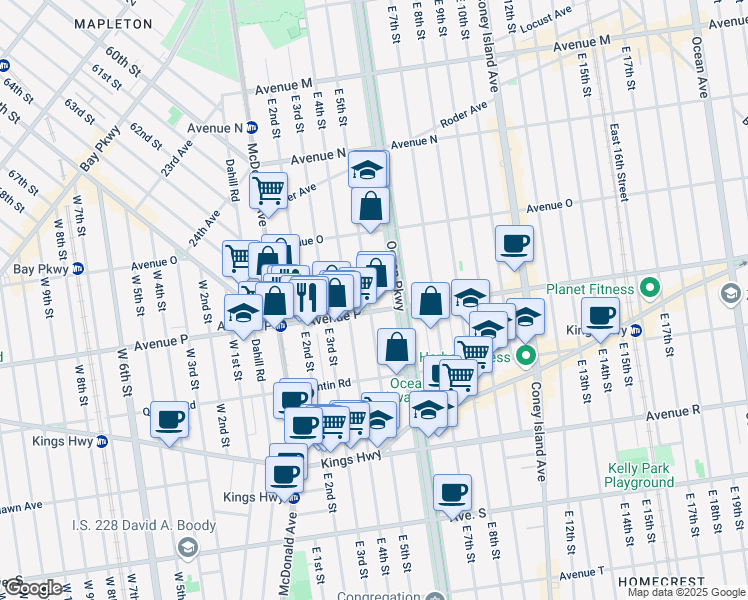 map of restaurants, bars, coffee shops, grocery stores, and more near 1685 East 5th Street in Brooklyn