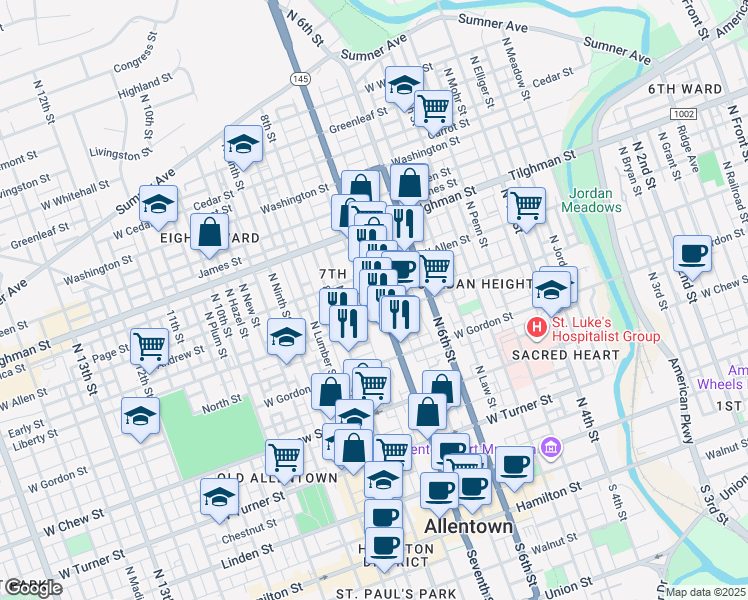 map of restaurants, bars, coffee shops, grocery stores, and more near 540 North 7th Street in Allentown