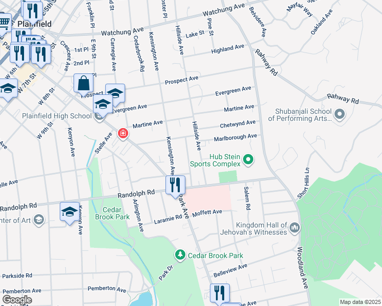 map of restaurants, bars, coffee shops, grocery stores, and more near 1131 Stilford Avenue in Plainfield