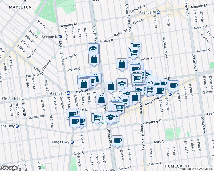 map of restaurants, bars, coffee shops, grocery stores, and more near 1690 East 7th Street in Brooklyn