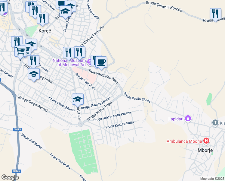 map of restaurants, bars, coffee shops, grocery stores, and more near Rruga Minir Mustafaj in Korçë