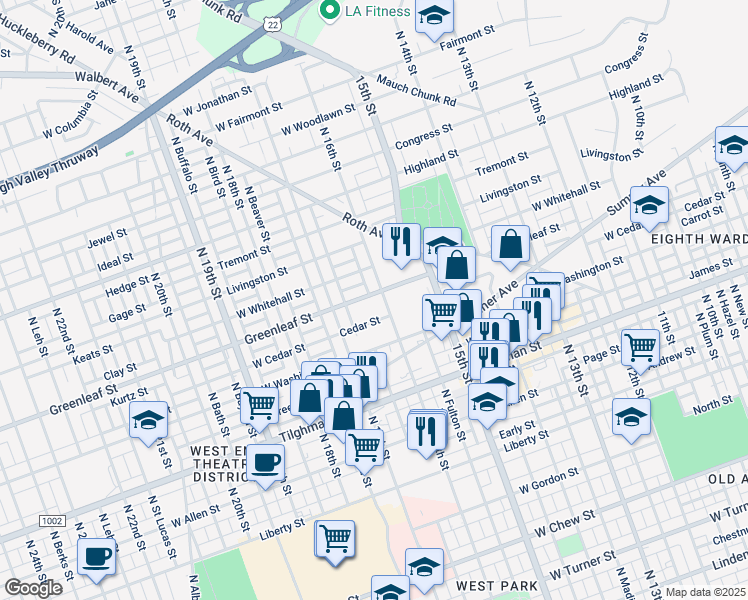 map of restaurants, bars, coffee shops, grocery stores, and more near 1608 Greenleaf Street in Allentown