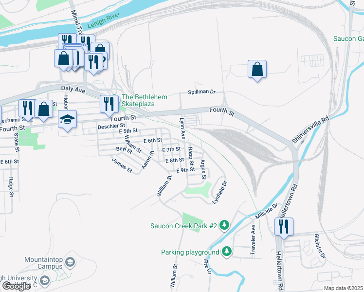 map of restaurants, bars, coffee shops, grocery stores, and more near 612 Lynn Avenue in Bethlehem