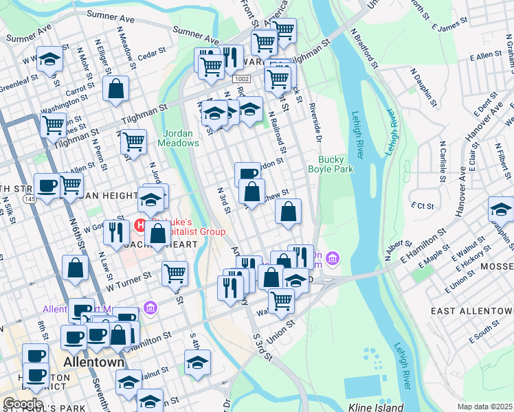 map of restaurants, bars, coffee shops, grocery stores, and more near 155 Oak Street in Allentown