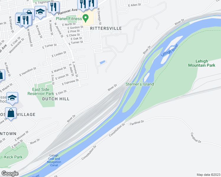 map of restaurants, bars, coffee shops, grocery stores, and more near River Drive in Allentown