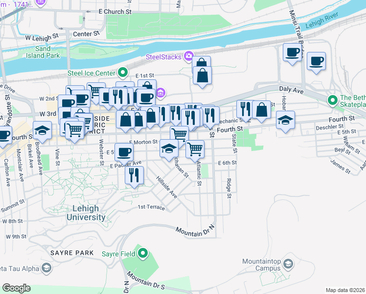 map of restaurants, bars, coffee shops, grocery stores, and more near 704 East 5th Street in Bethlehem