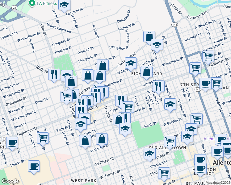 map of restaurants, bars, coffee shops, grocery stores, and more near 722 1/2 North 12th Street in Allentown