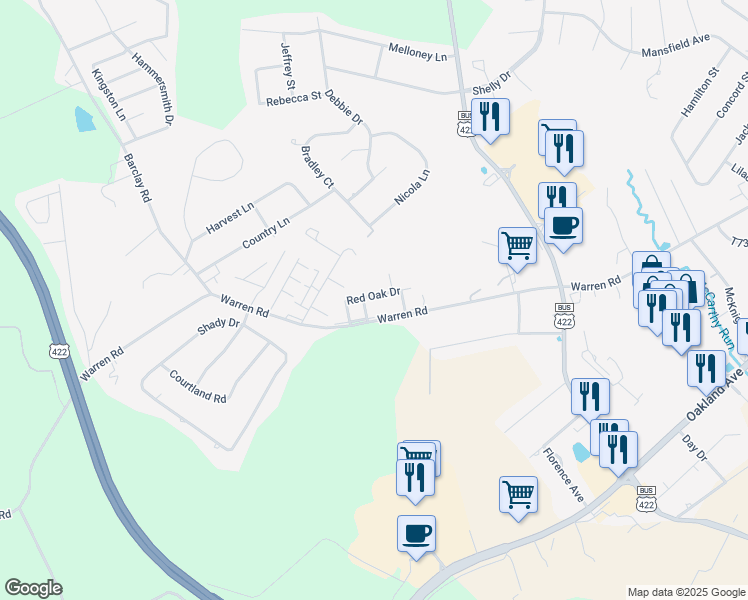 map of restaurants, bars, coffee shops, grocery stores, and more near 279 Red Oak Drive in Indiana