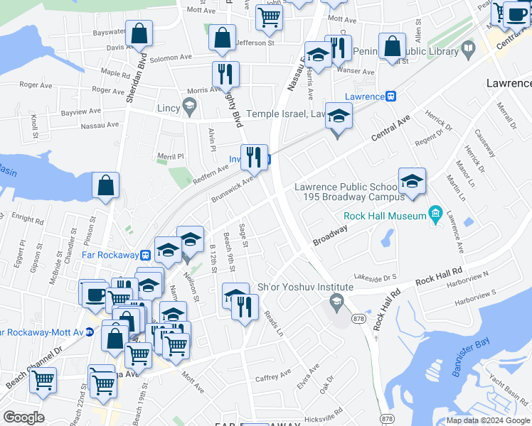map of restaurants, bars, coffee shops, grocery stores, and more near 8-33 Central Avenue in Queens