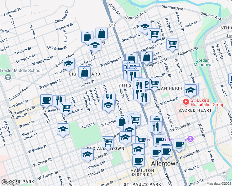 map of restaurants, bars, coffee shops, grocery stores, and more near 818 West Allen Street in Allentown