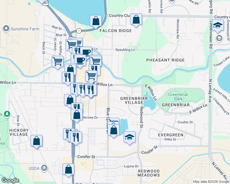 map of restaurants, bars, coffee shops, grocery stores, and more near 325 Sundance Circle North in Fort Collins