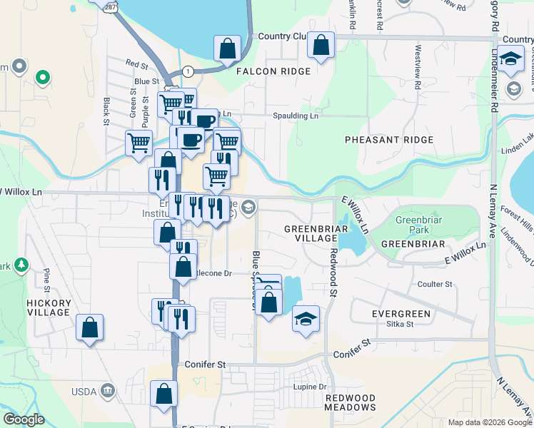 map of restaurants, bars, coffee shops, grocery stores, and more near 325 Sundance Circle North in Fort Collins
