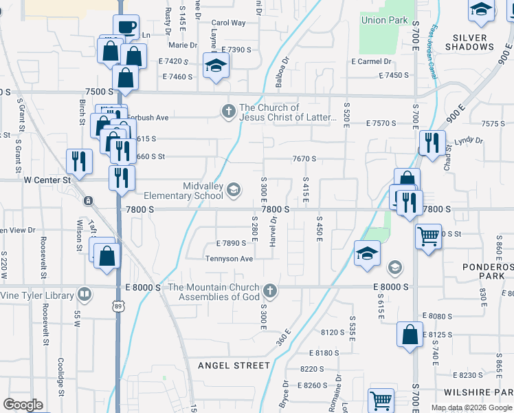 map of restaurants, bars, coffee shops, grocery stores, and more near in Midvale