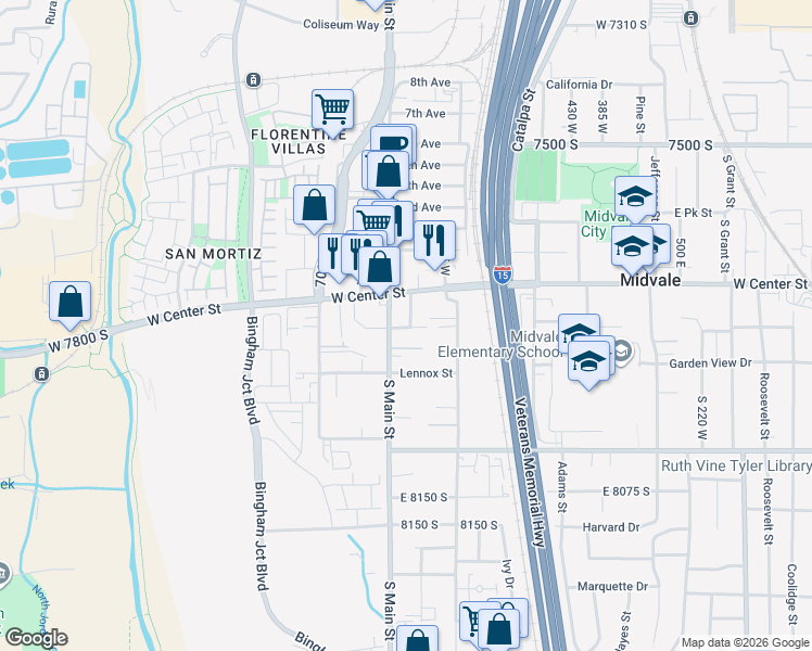 map of restaurants, bars, coffee shops, grocery stores, and more near 651 Price Street in Midvale