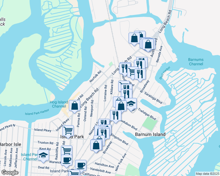 map of restaurants, bars, coffee shops, grocery stores, and more near 28 Kildare Road in Island Park