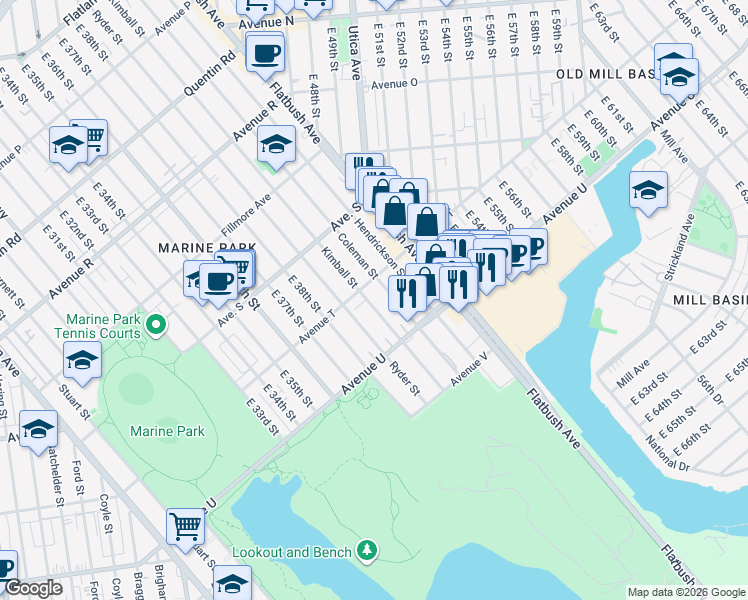 map of restaurants, bars, coffee shops, grocery stores, and more near 2127 Kimball Street in Brooklyn