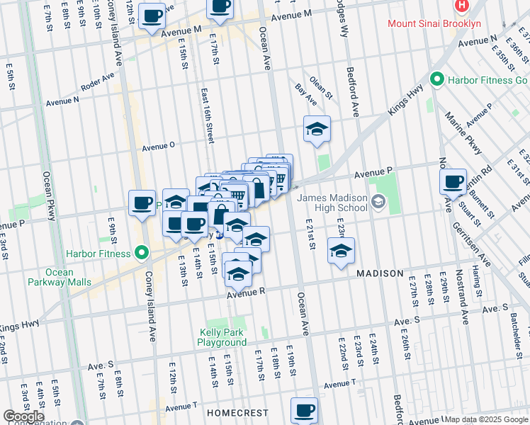 map of restaurants, bars, coffee shops, grocery stores, and more near 1661 East 19th Street in Brooklyn