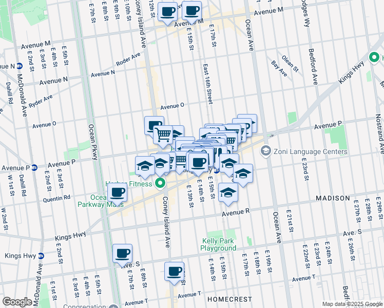 map of restaurants, bars, coffee shops, grocery stores, and more near 1630 East 15th Street in Brooklyn