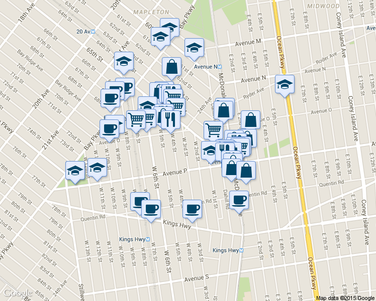 map of restaurants, bars, coffee shops, grocery stores, and more near 1555 West 3rd Street in Brooklyn