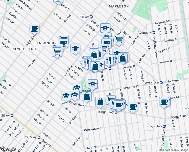 map of restaurants, bars, coffee shops, grocery stores, and more near 1527 West 11th Street in Brooklyn