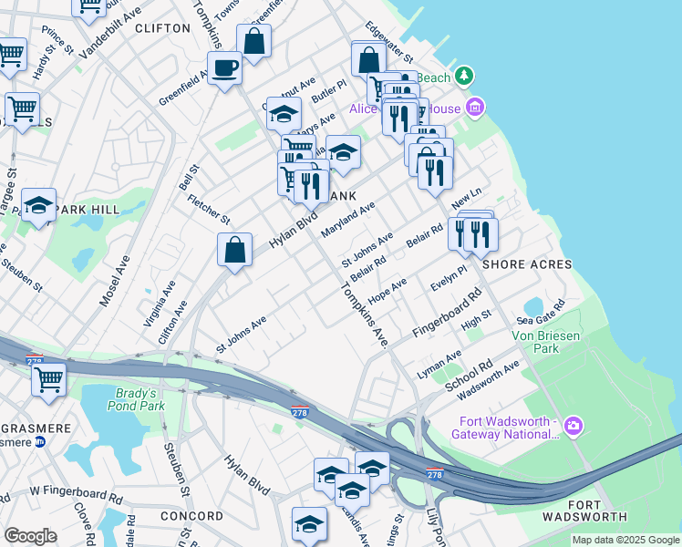 map of restaurants, bars, coffee shops, grocery stores, and more near 180 Saint Johns Avenue in Staten Island