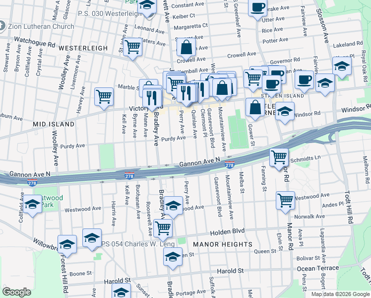 map of restaurants, bars, coffee shops, grocery stores, and more near 112 Perry Avenue in Staten Island
