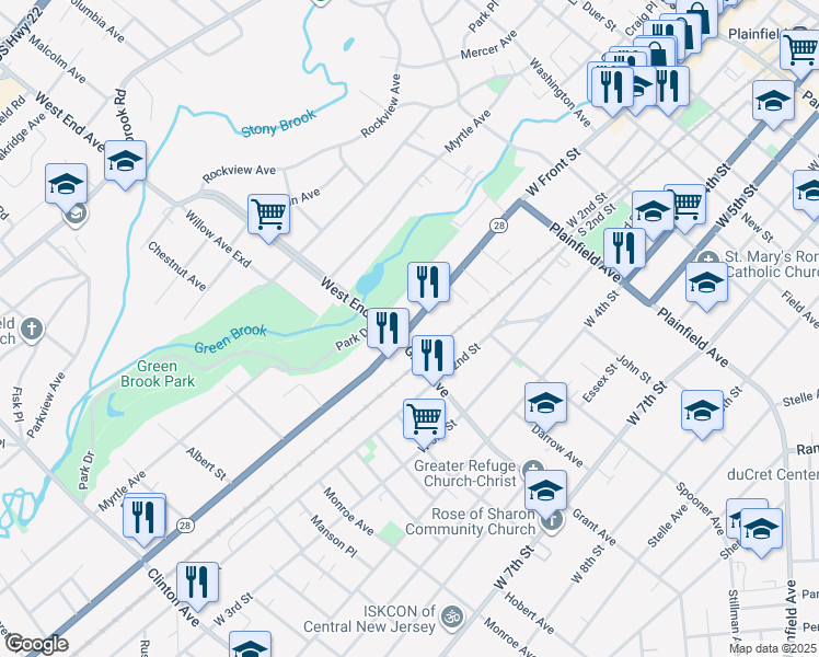 map of restaurants, bars, coffee shops, grocery stores, and more near 766 West Front Street in Plainfield